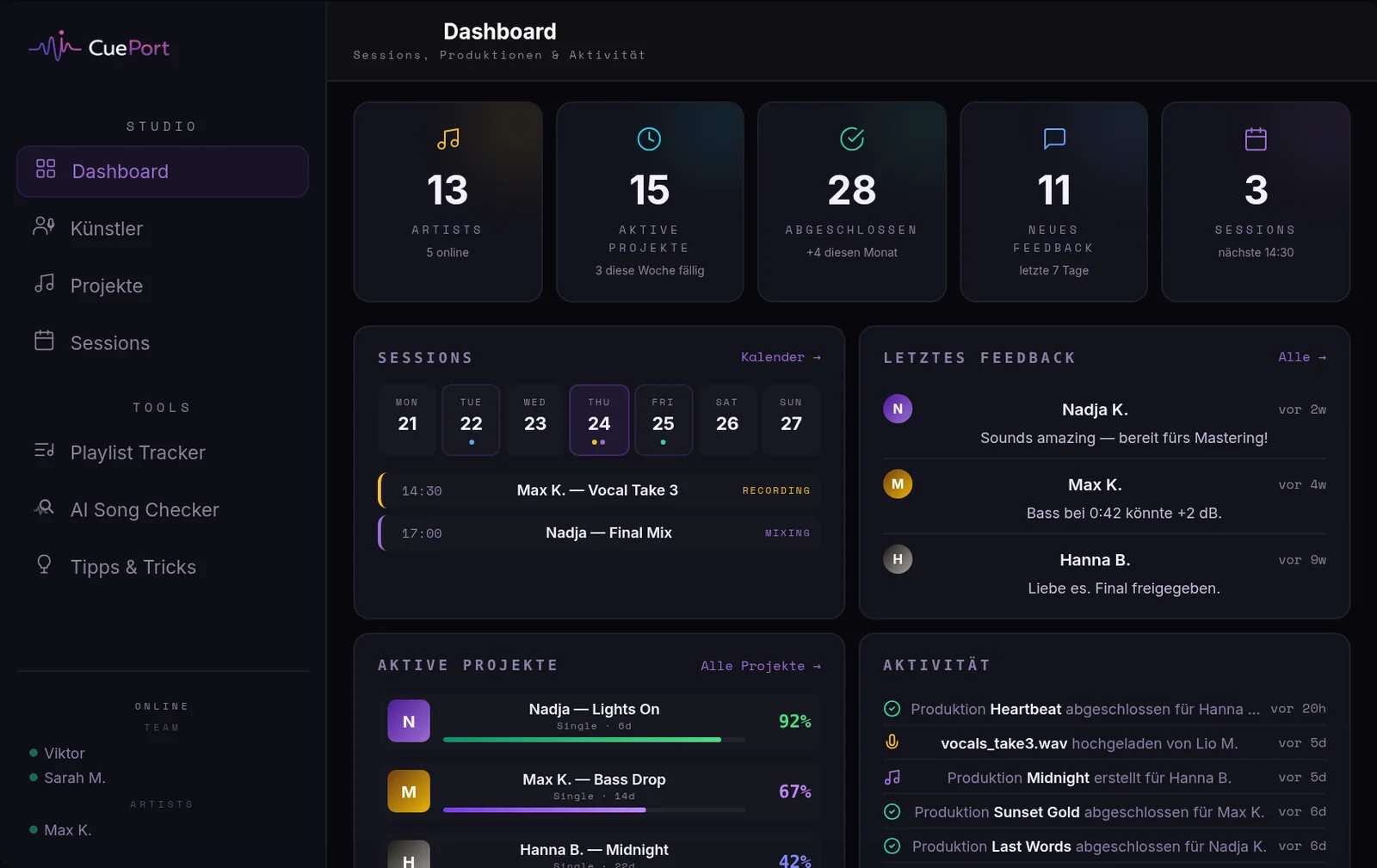 CuePort-Dashboard mit laufenden Produktionen, letztem Feedback und anstehenden Sessions