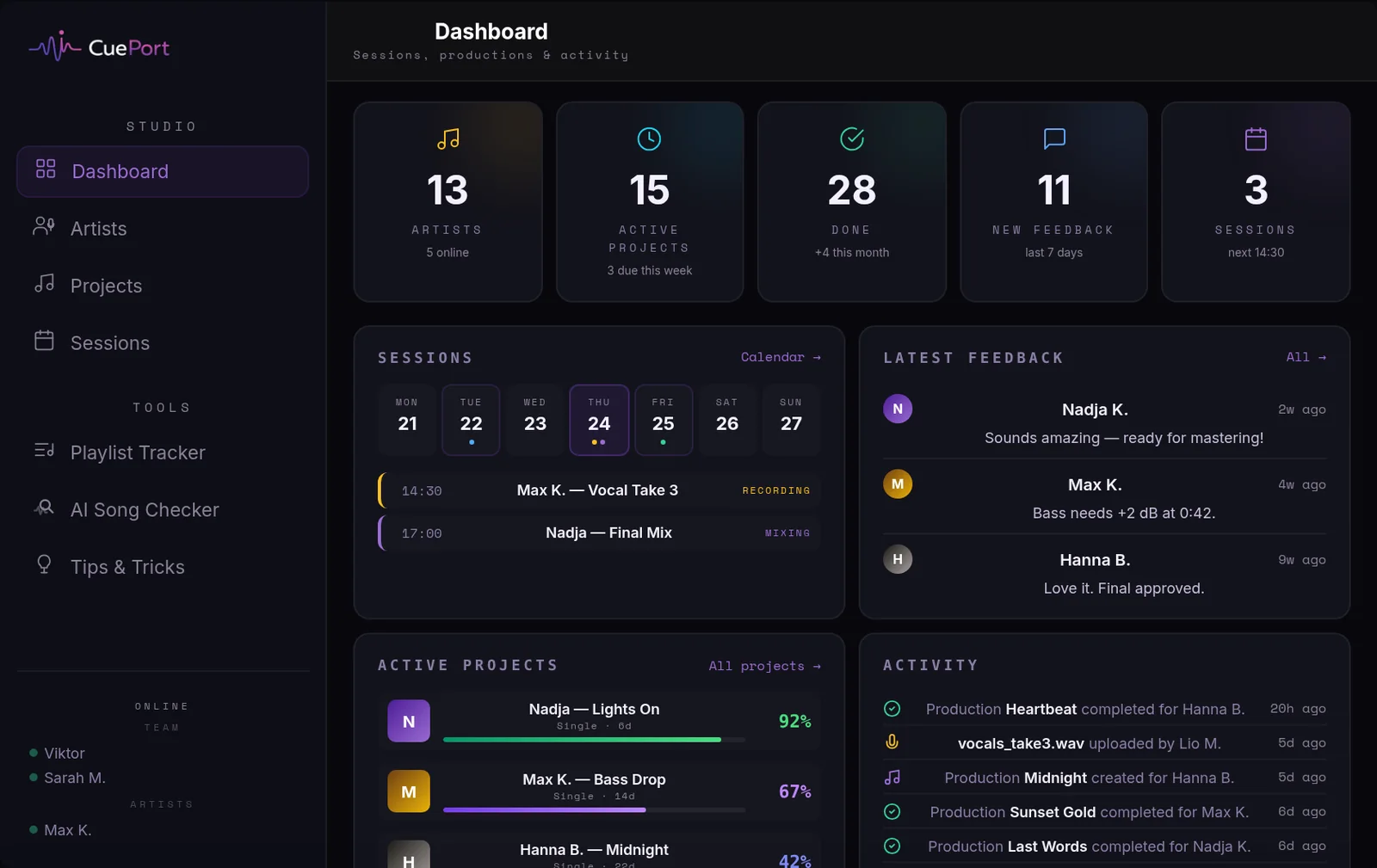 CuePort dashboard with active productions, latest feedback, and upcoming sessions