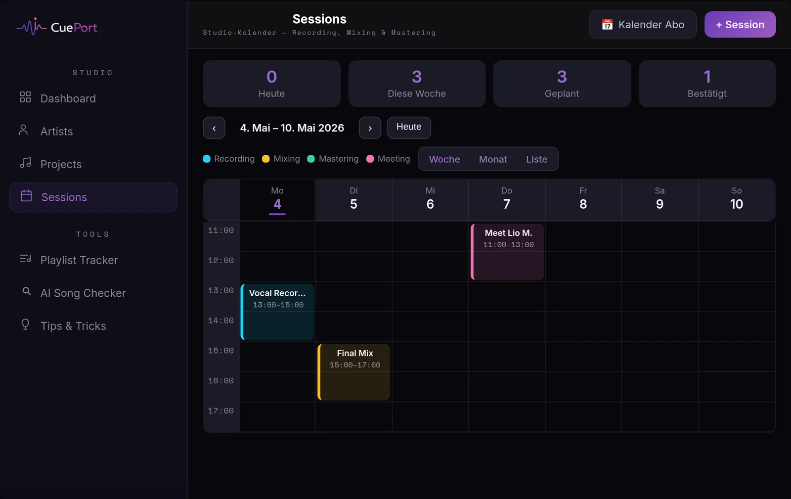 Sessions-Kalender in CuePort mit Recording-, Mixing- und Meeting-Terminen