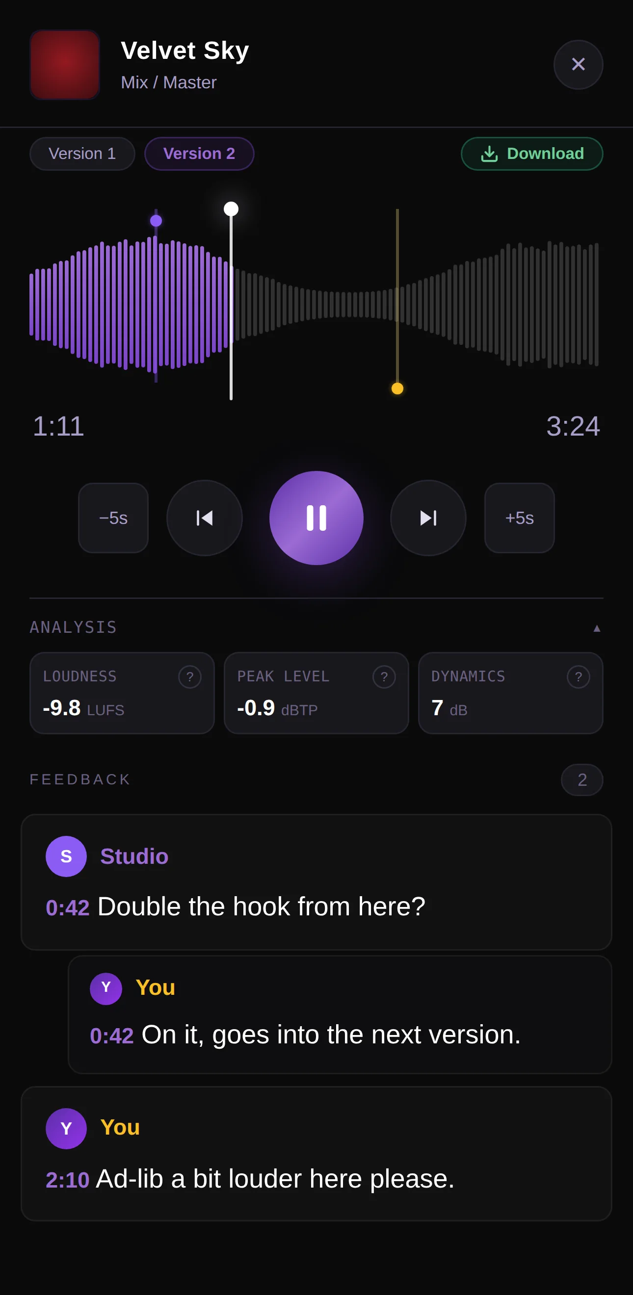 CuePort player with waveform, version switcher, and timestamped comments