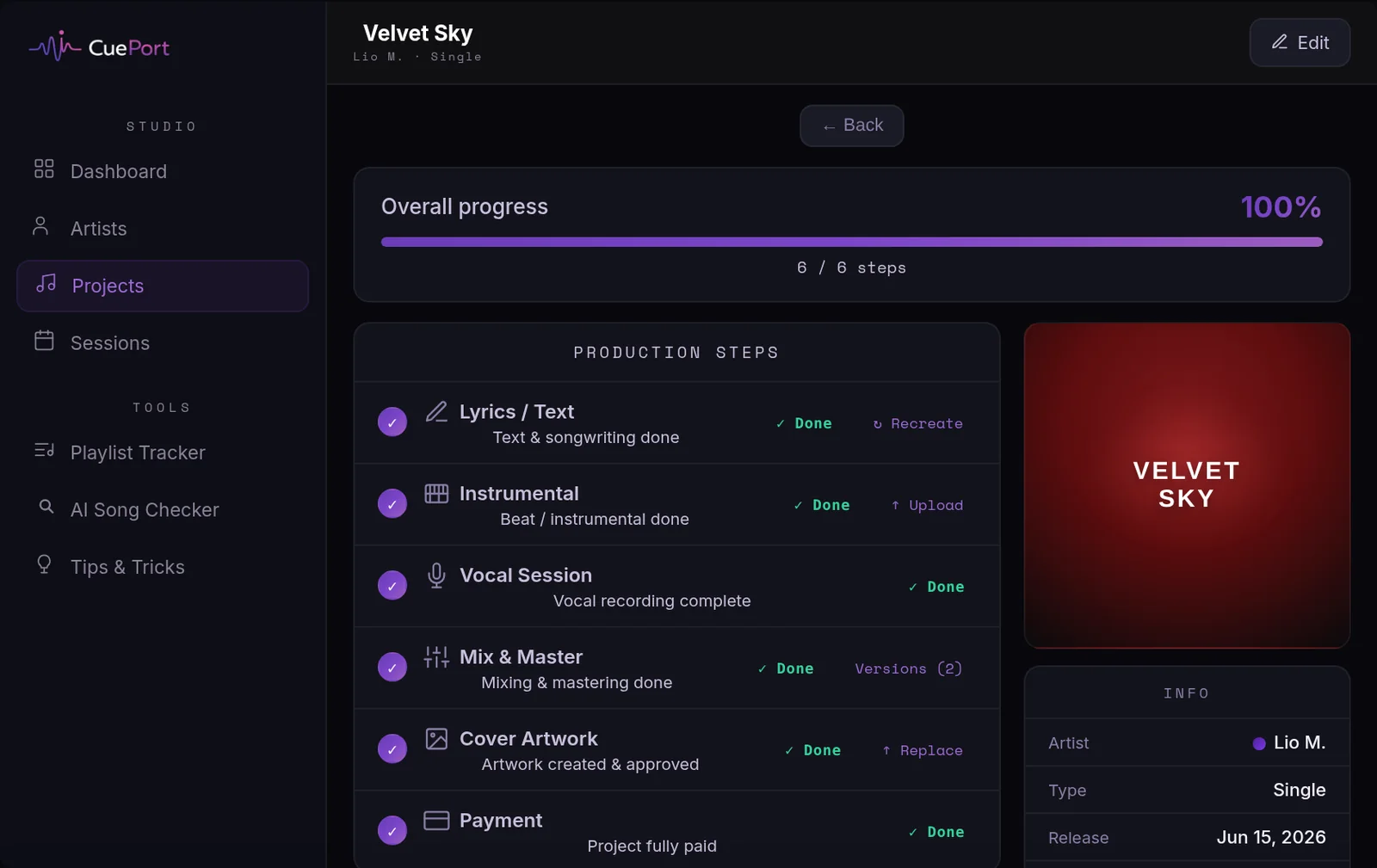 Production detail in CuePort: steps from lyrics to cover art with progress